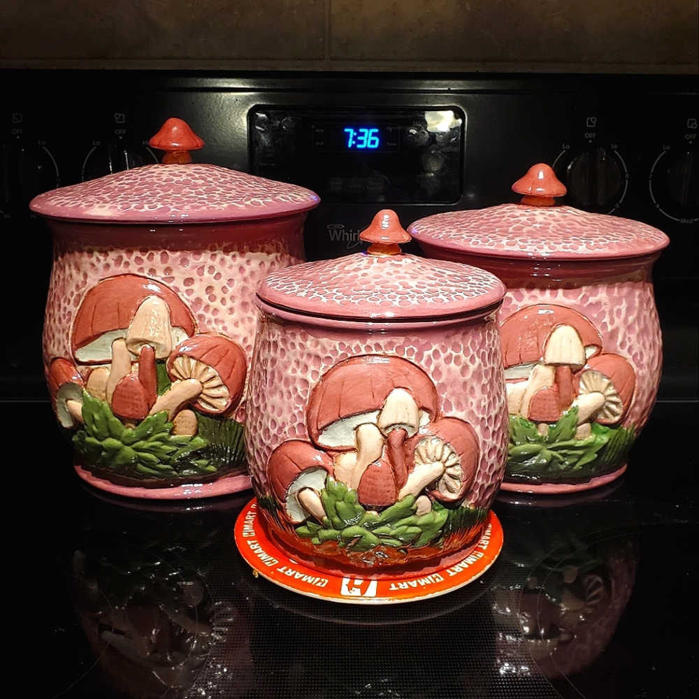Vintage pink ceramic mushroom canisters jars